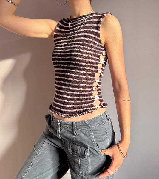 Handmade knitted Pearl Vest - aubergine and dusky pink striped (pre made in size XS).