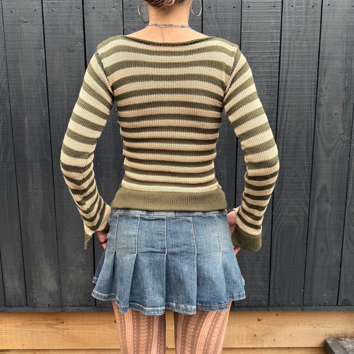 Pearl Long Sleeve in striped khaki & beige - handmade knit jumper with abalone shell buttons