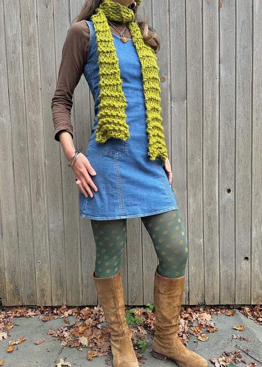 Handmade chunky fishnet knitted scarf in olive green