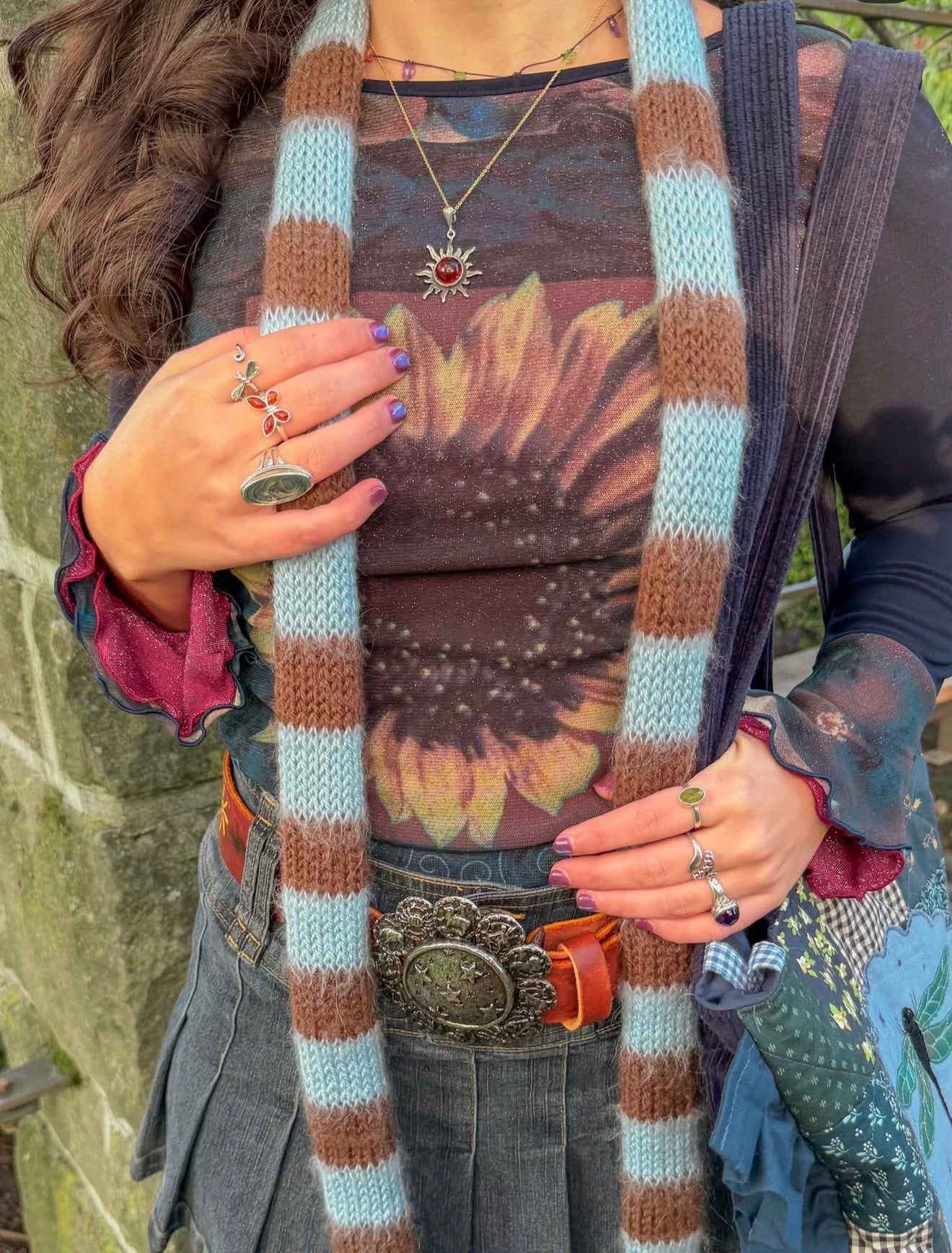 Handmade knitted brown and baby blue mohair striped skinny scarf