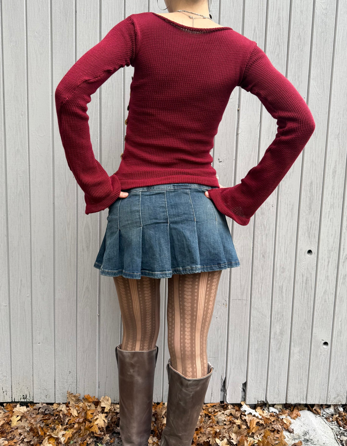 Pearl Long Sleeve in cherry red - handmade knit jumper with mother of pearl buttons