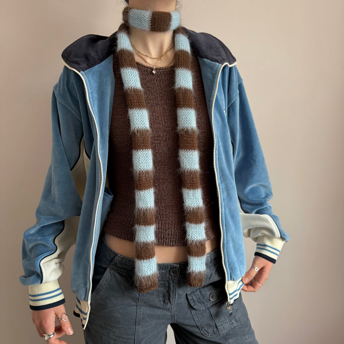 brown and blue striped  knitted skinny scarf styled