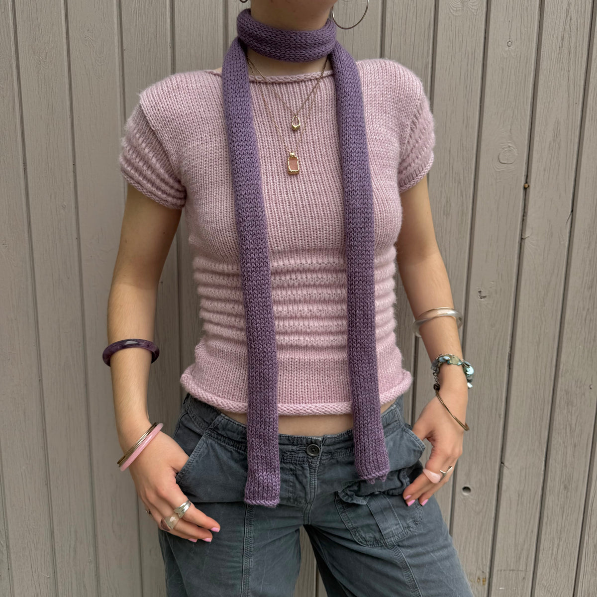 Handmade knitted skinny scarf in dusky purple
