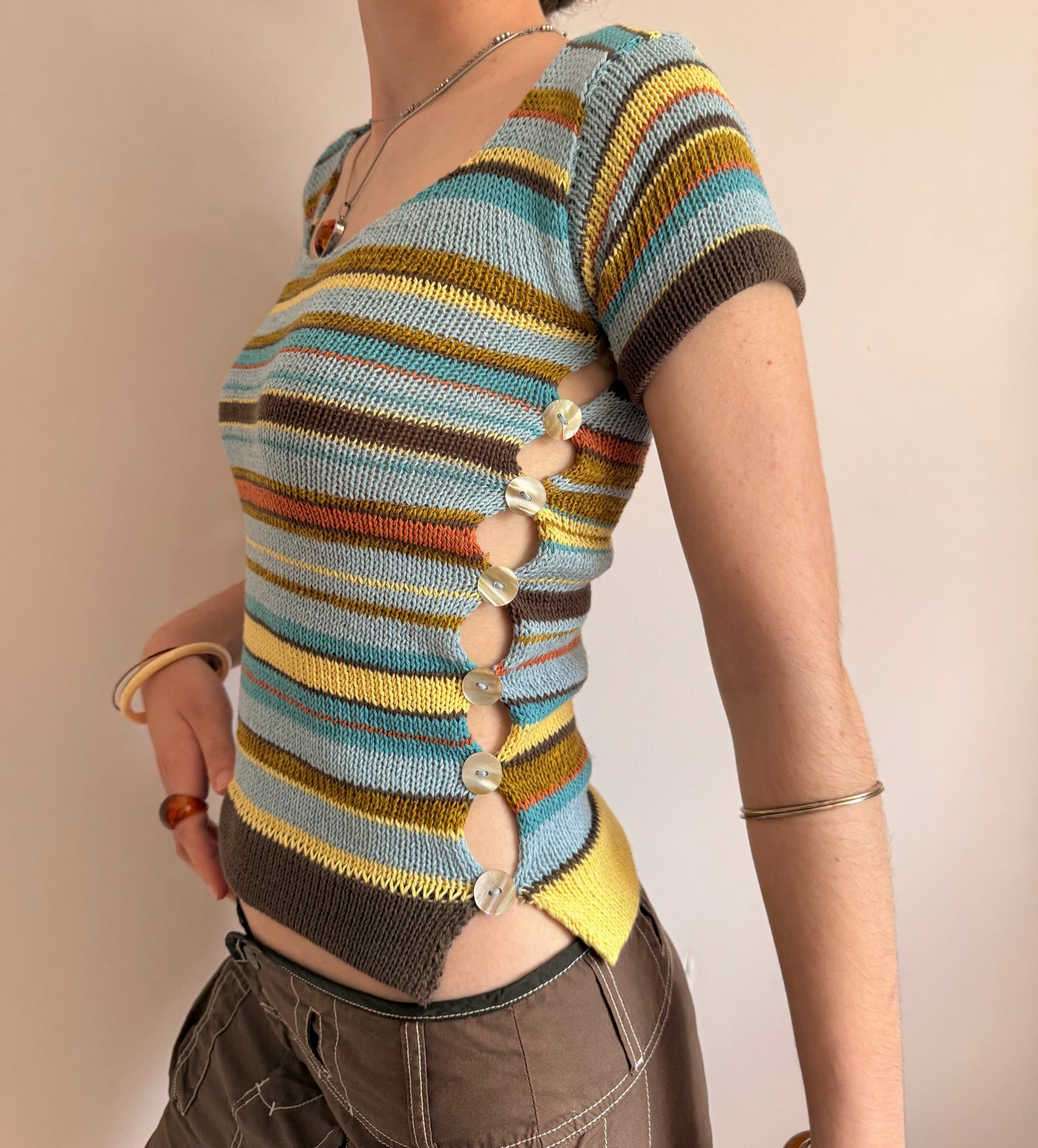 Retro Striped Scoop Neck Pearl Tee (pre made in size S)