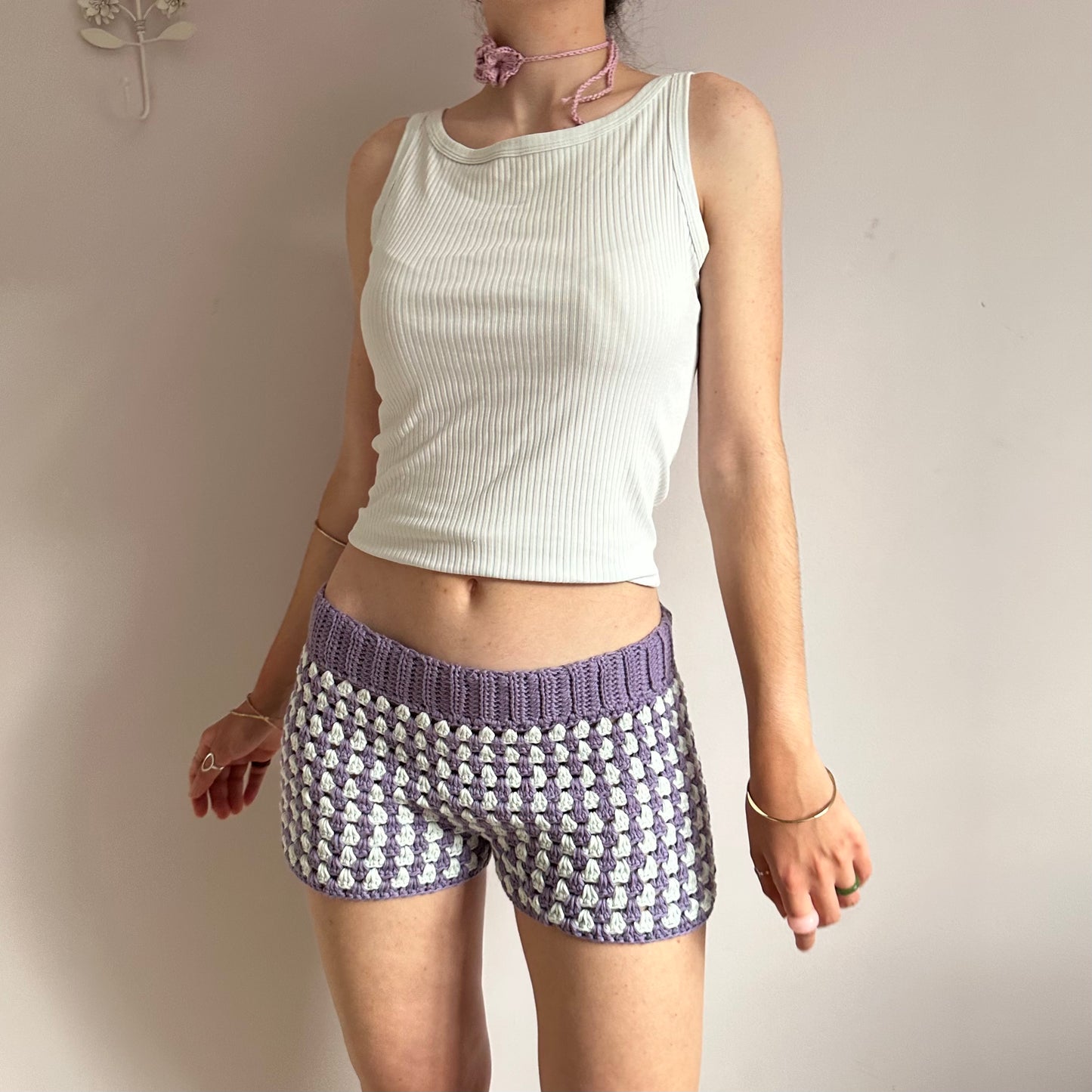 Handmade gingham crochet shorts in purple and duck egg blue (pre made in L)