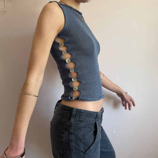 The Pearl Vest in denim blue - handmade knitted vest with mother of pearl buttons