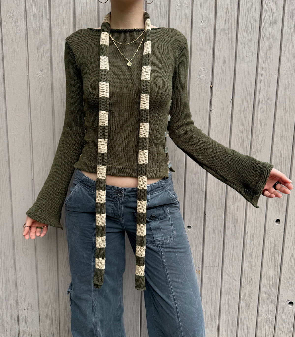 1 of 1 cotton knitted skinny scarf / belt in khaki green & beige (pre made)