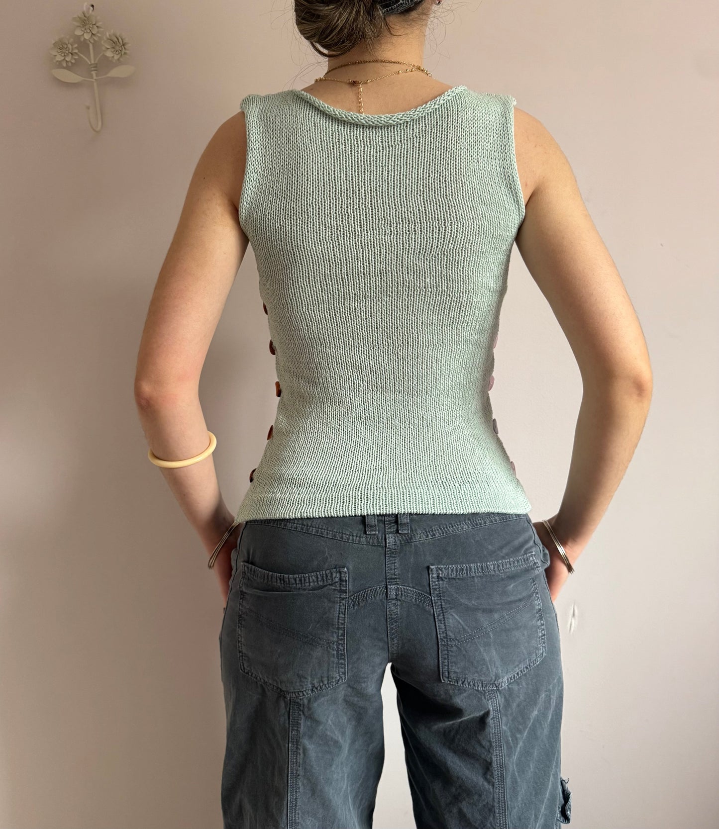 The Pearl Vest in mint green - with pink mother of pearl buttons