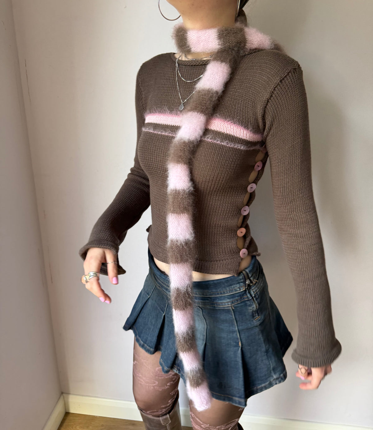 Extra long fluffy striped scarf - Pink & Brown (pre made in skinny width) 🌸🤎
