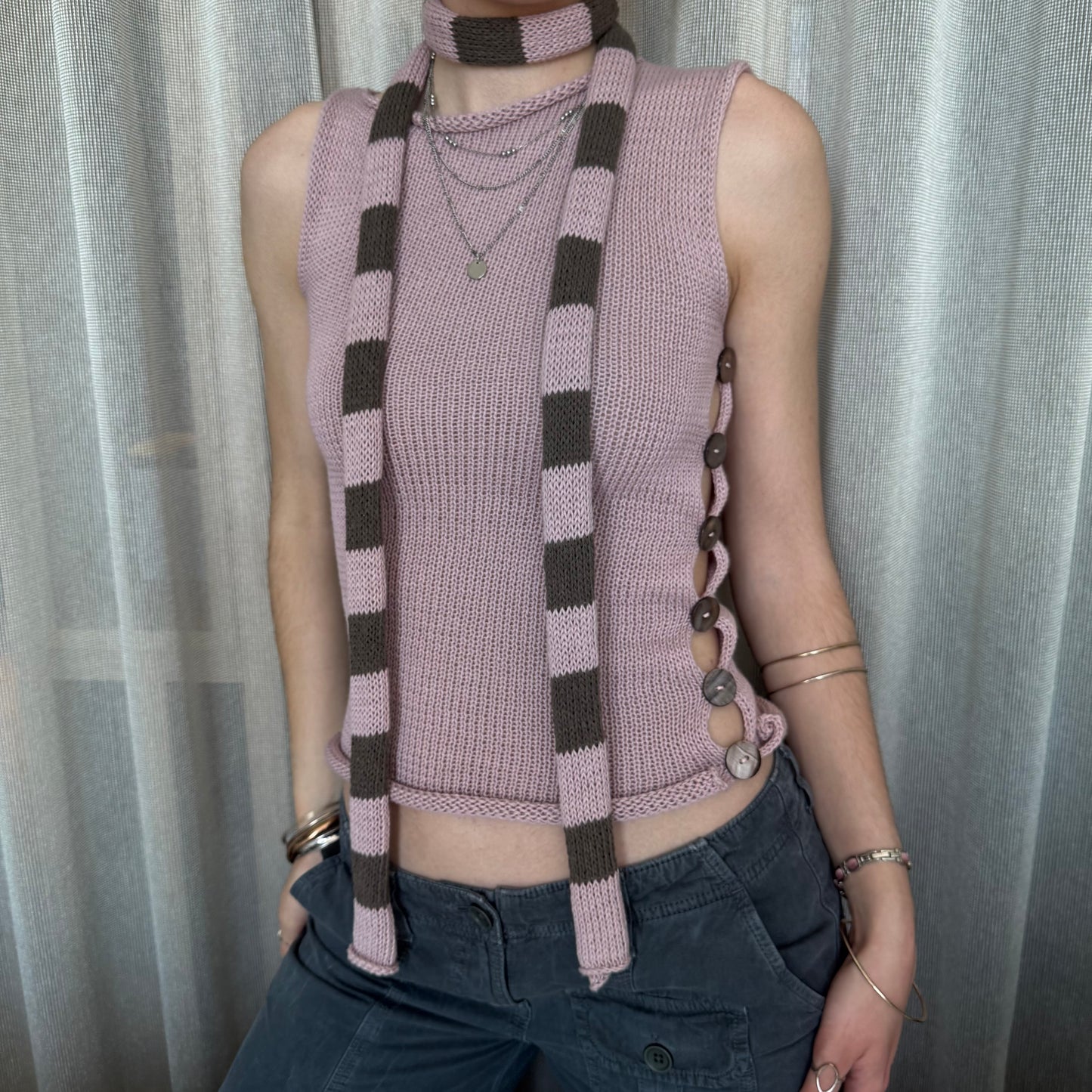 Handmade cotton knitted dusky pink and mocha striped skinny scarf / belt