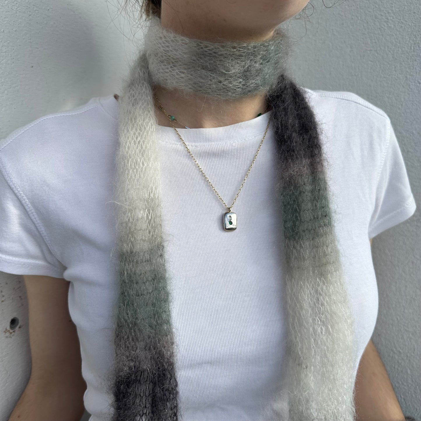 Handmade knitted mohair skinny scarf in ombré black, grey & white