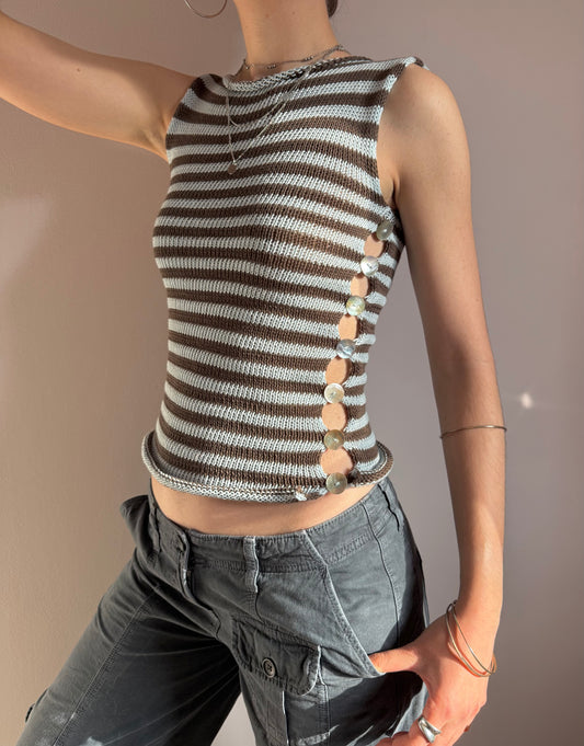 Handmade knitted Pearl Vest - baby blue and mocha striped (pre made in size S).