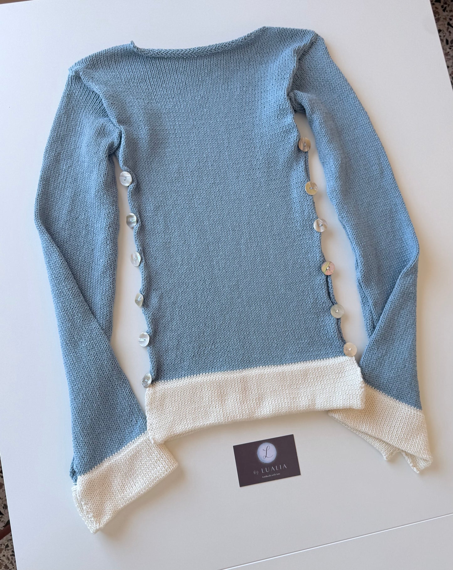 Colour block Pearl long sleeve in dusty blue & cream - 1 of 1 (pre made in S)