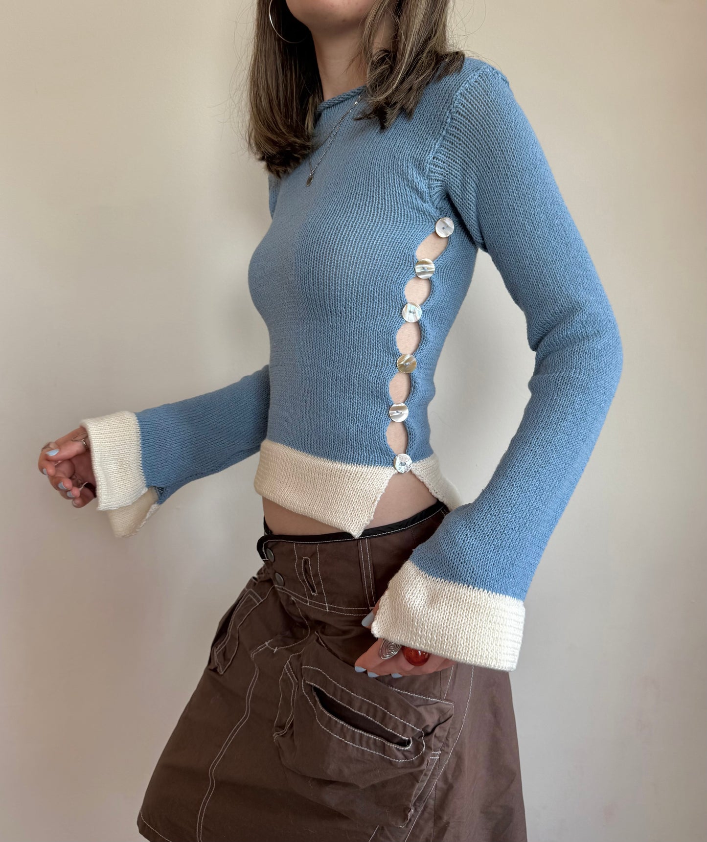 Colour block Pearl long sleeve in dusty blue & cream - 1 of 1 (pre made in S)