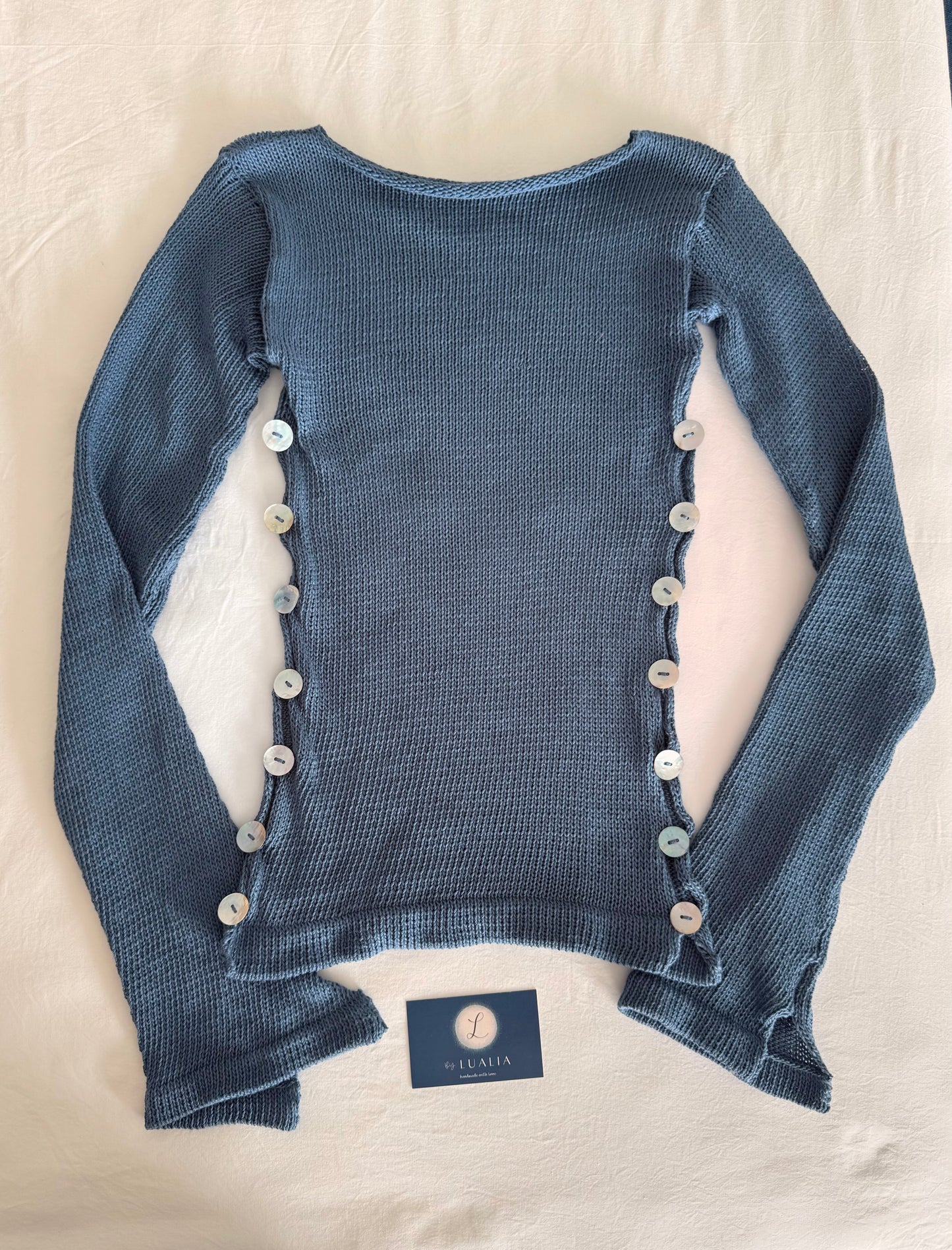 Pearl Long Sleeve in denim blue - handmade knit jumper with mother of pearl buttons