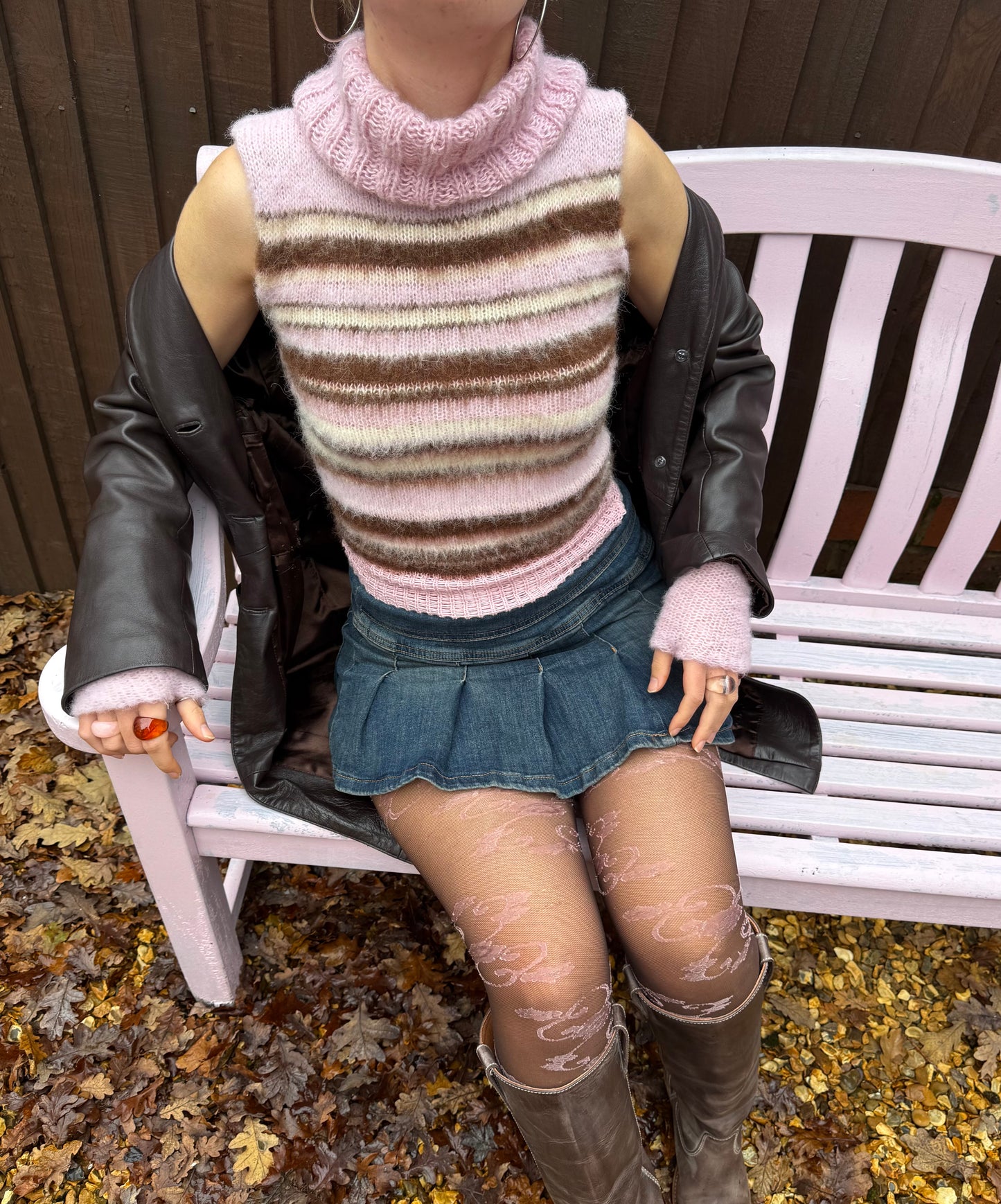 The Neapolitan Ice Cream Vest - brown, cream & baby pink fluffy striped turtleneck knit vest