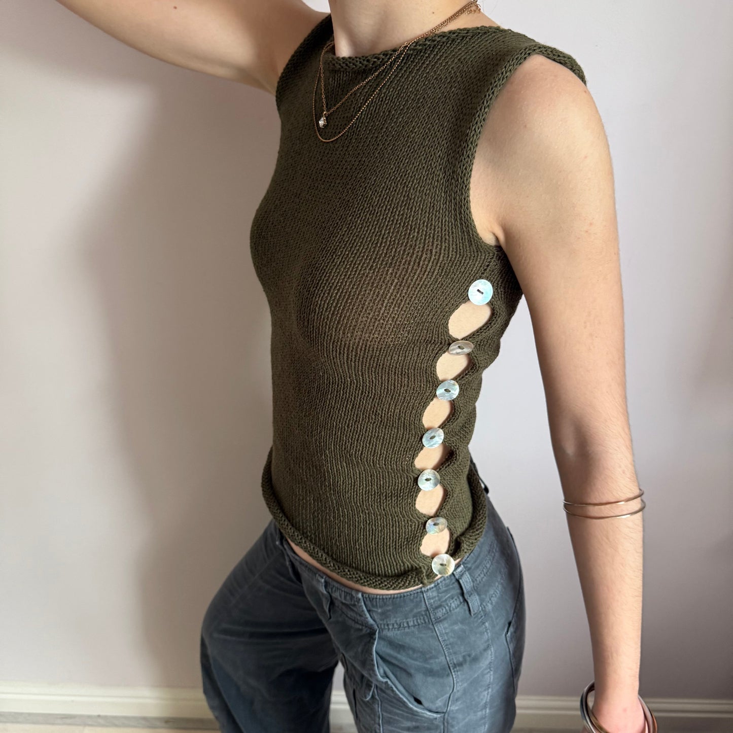 The Pearl Vest in khaki green - choose from 2 design options (pre-made with buttons on both sides in S)