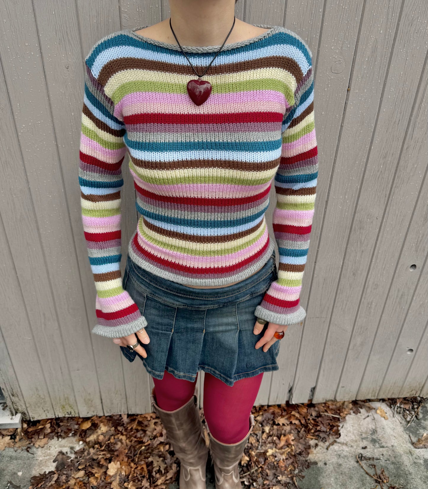 Handmade multicoloured striped knitted jumper with flared sleeves - made to order