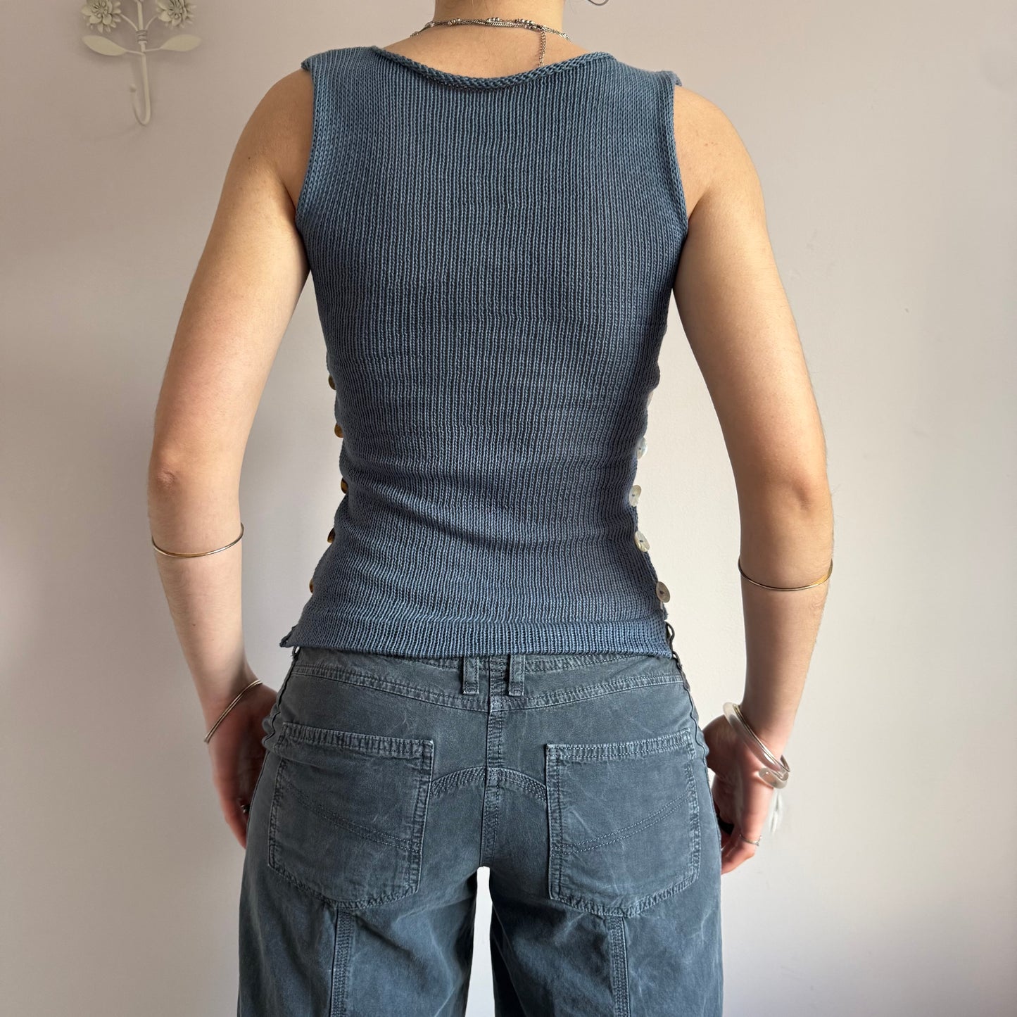The Pearl Vest in denim blue - choose from 2 design options (pre made in M with buttons on 1 side)