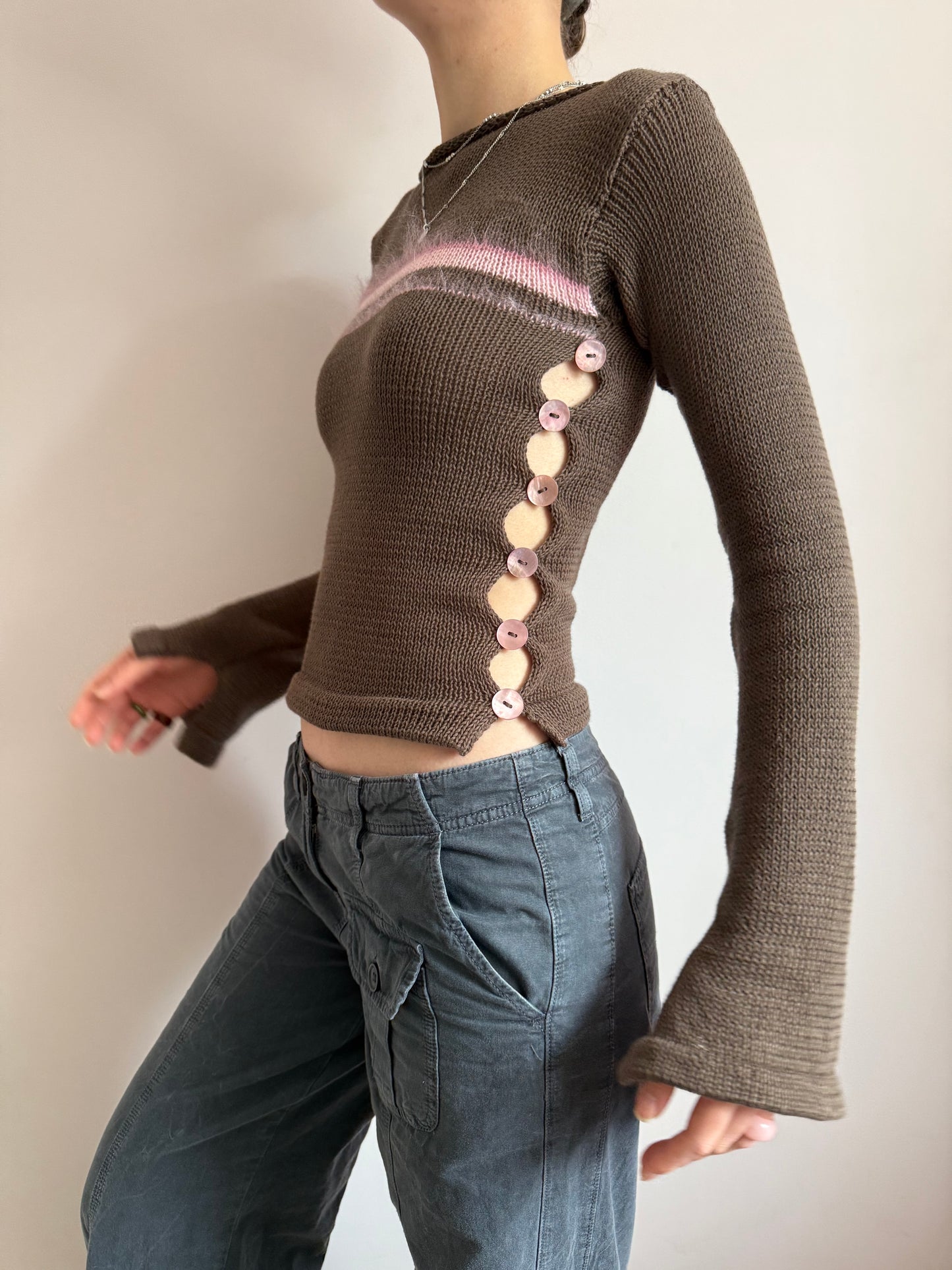 Pearl Long Sleeve in mocha - handmade striped knit jumper with pink mother of pearl buttons