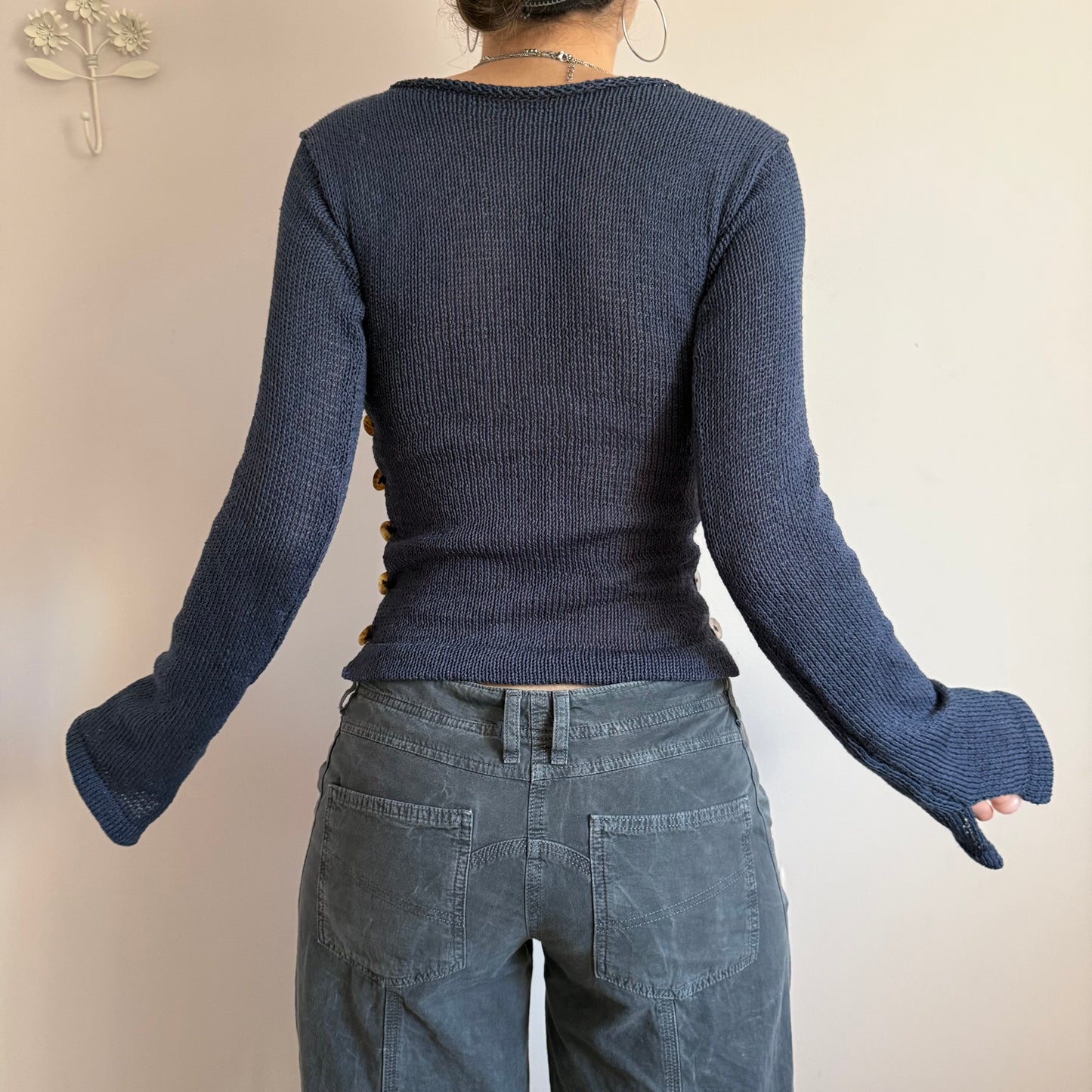 Pearl Long Sleeve in navy blue - handmade knit jumper with mother of pearl buttons