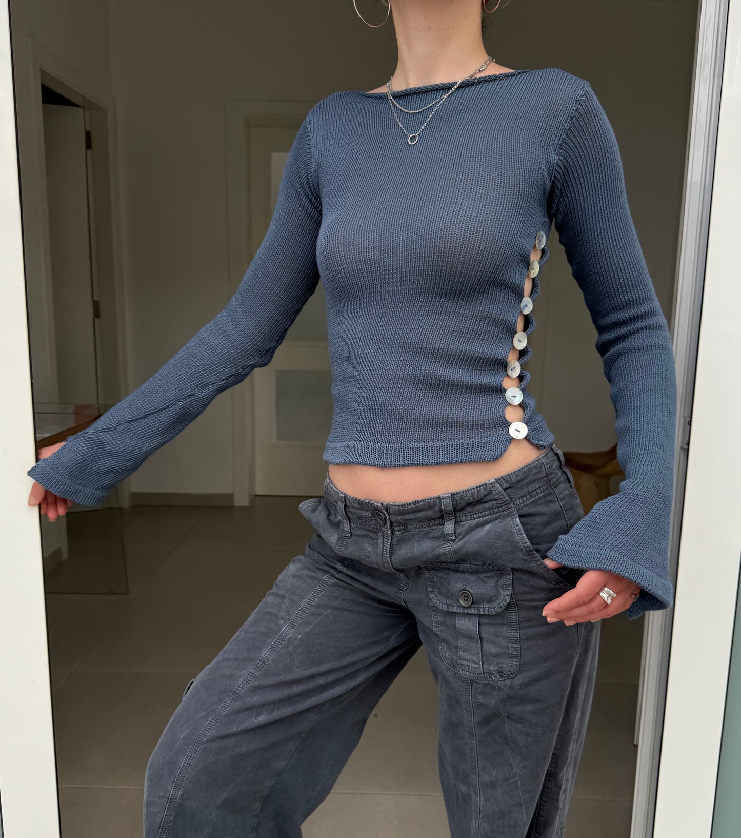 Pearl Long Sleeve in denim blue - handmade knit jumper with mother of pearl buttons