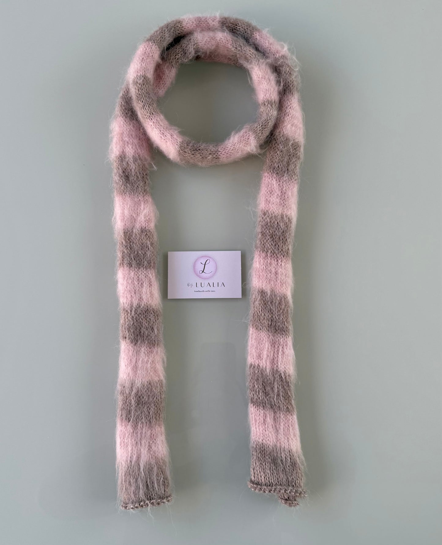 Fluffy striped knit skinny scarf in dusky pink & beige