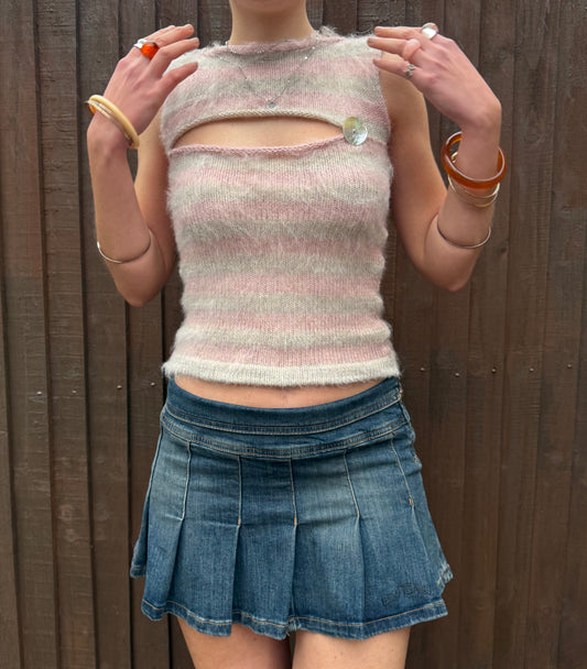 The Petal Stripe Vest in dusky pink & beige with mother of pearl button (pre made in S)