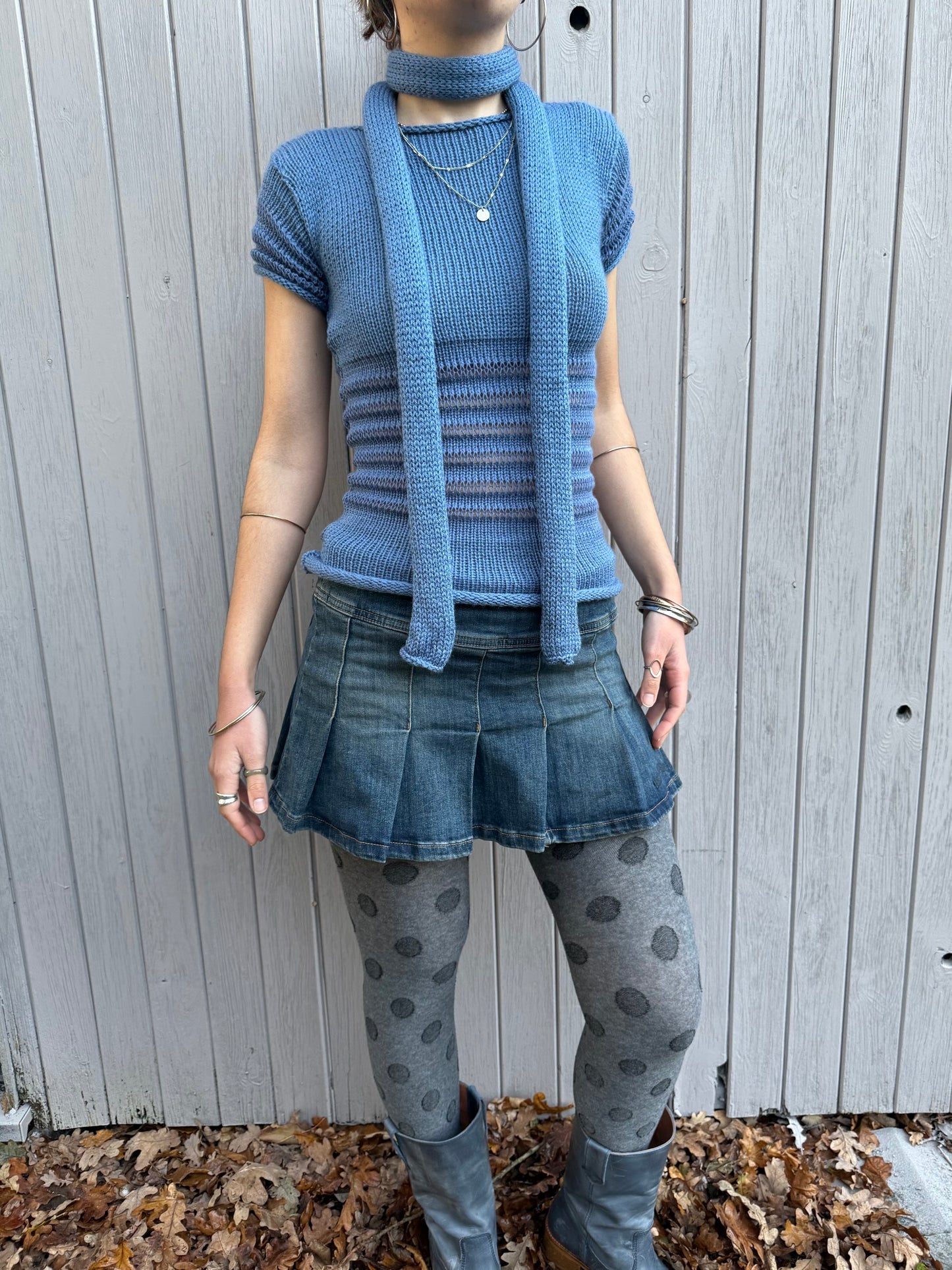 Handmade knitted skinny scarf in denim blue - pre made