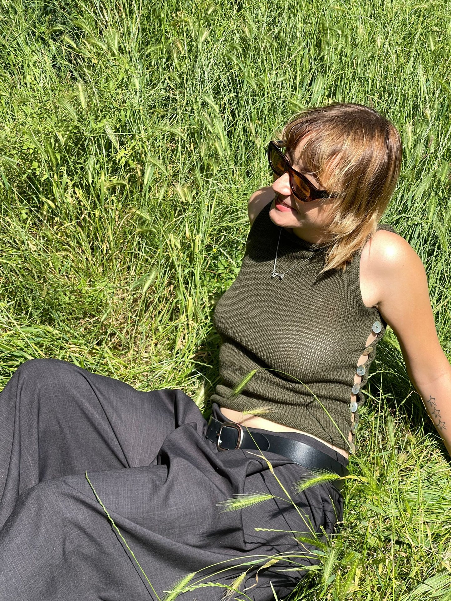The Pearl Vest in khaki green - choose from 2 design options (pre-made with buttons on both sides in S)