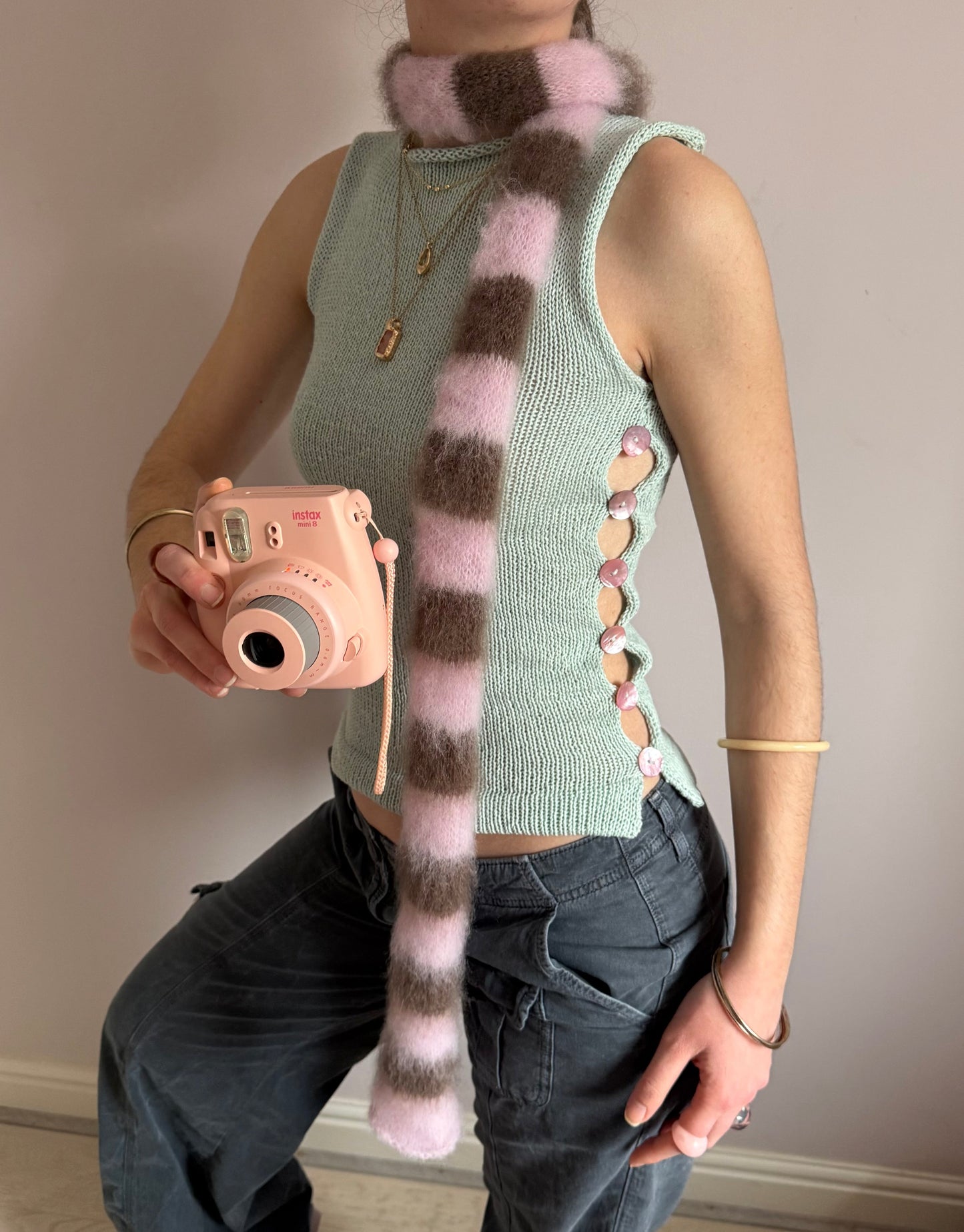 The Pearl Vest in mint green - with pink mother of pearl buttons