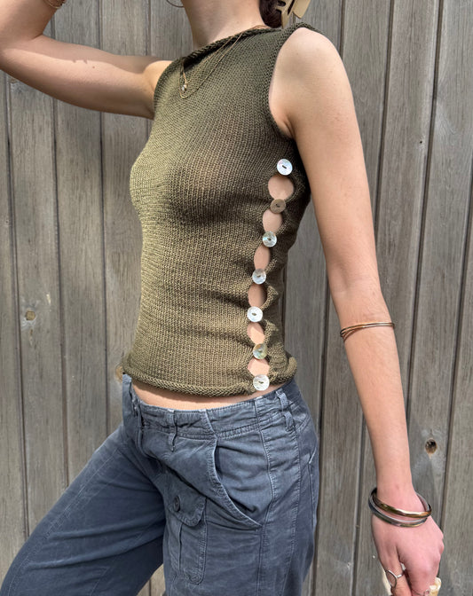 The Pearl Vest in khaki green - handmade knitted vest with mother of pearl buttons