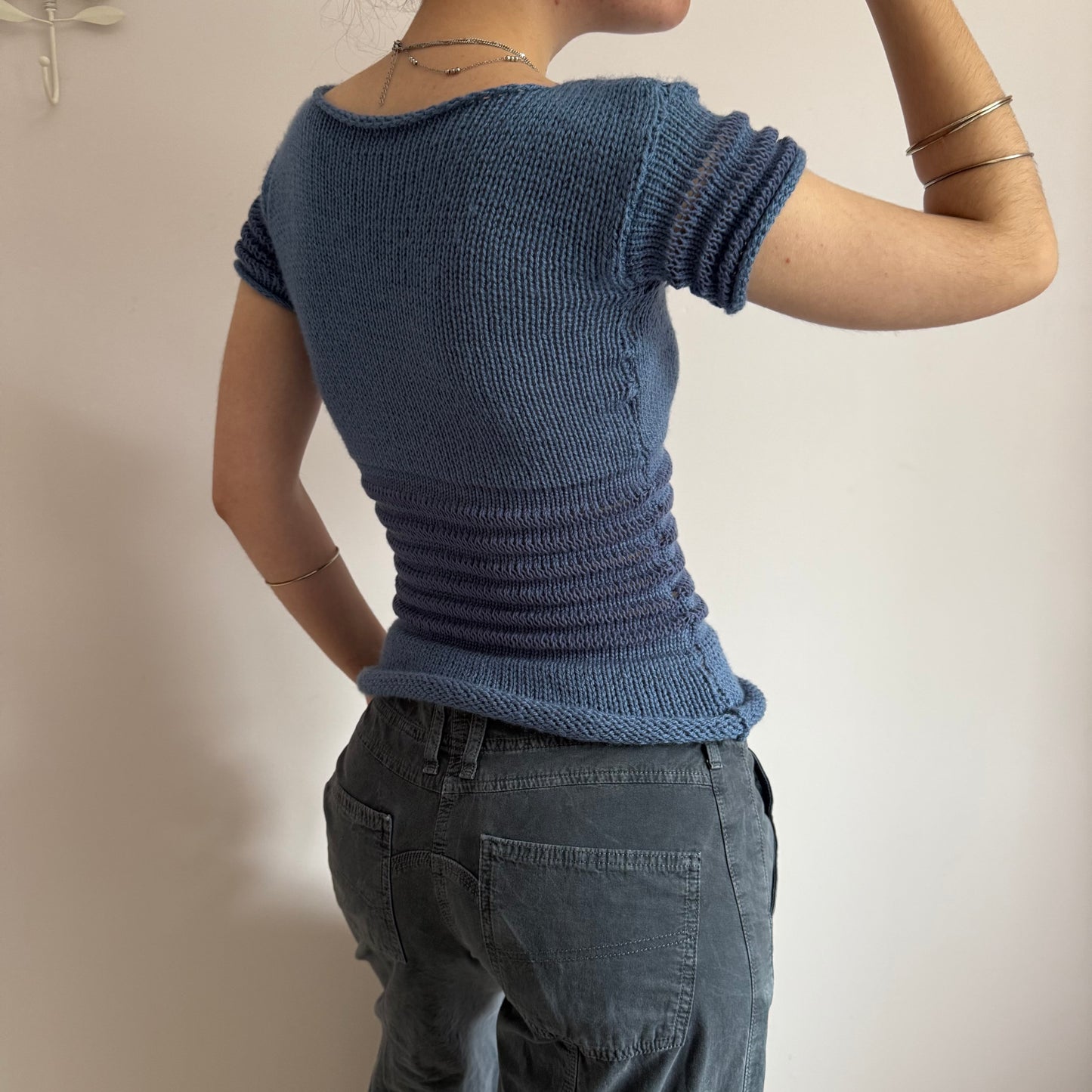 The Ripple Tee - handmade denim blue shirred top