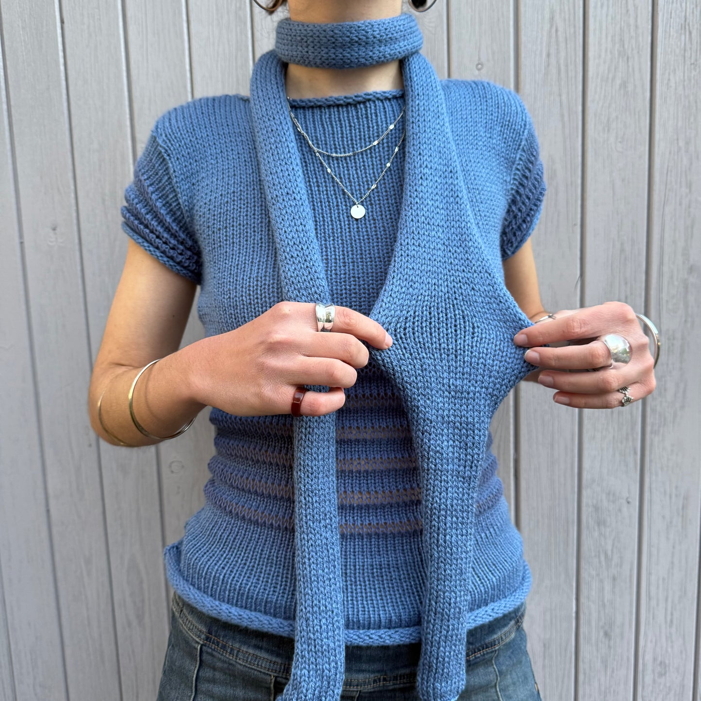 Handmade knitted skinny scarf in denim blue - pre made