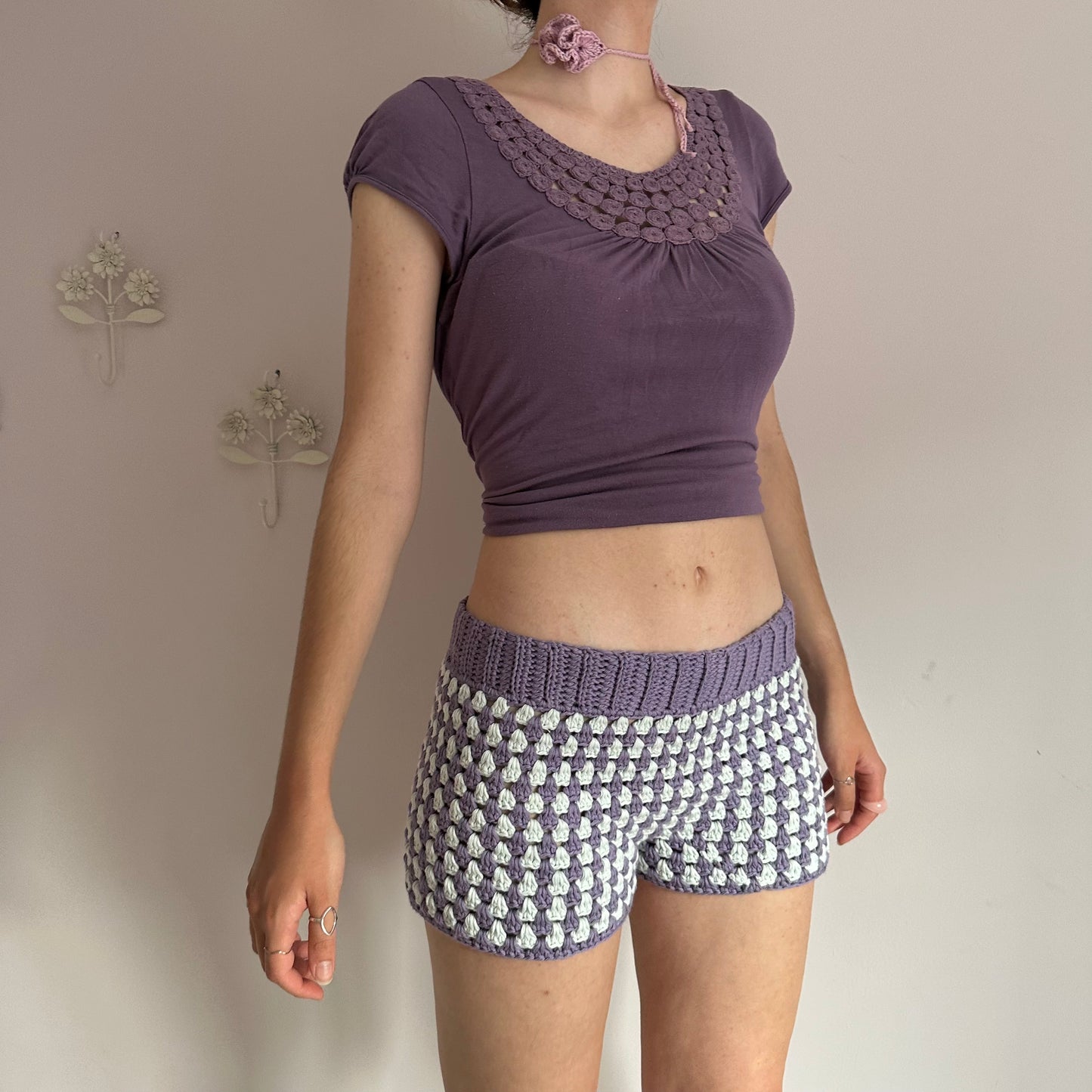 Handmade gingham crochet shorts in purple and duck egg blue (pre made in L)