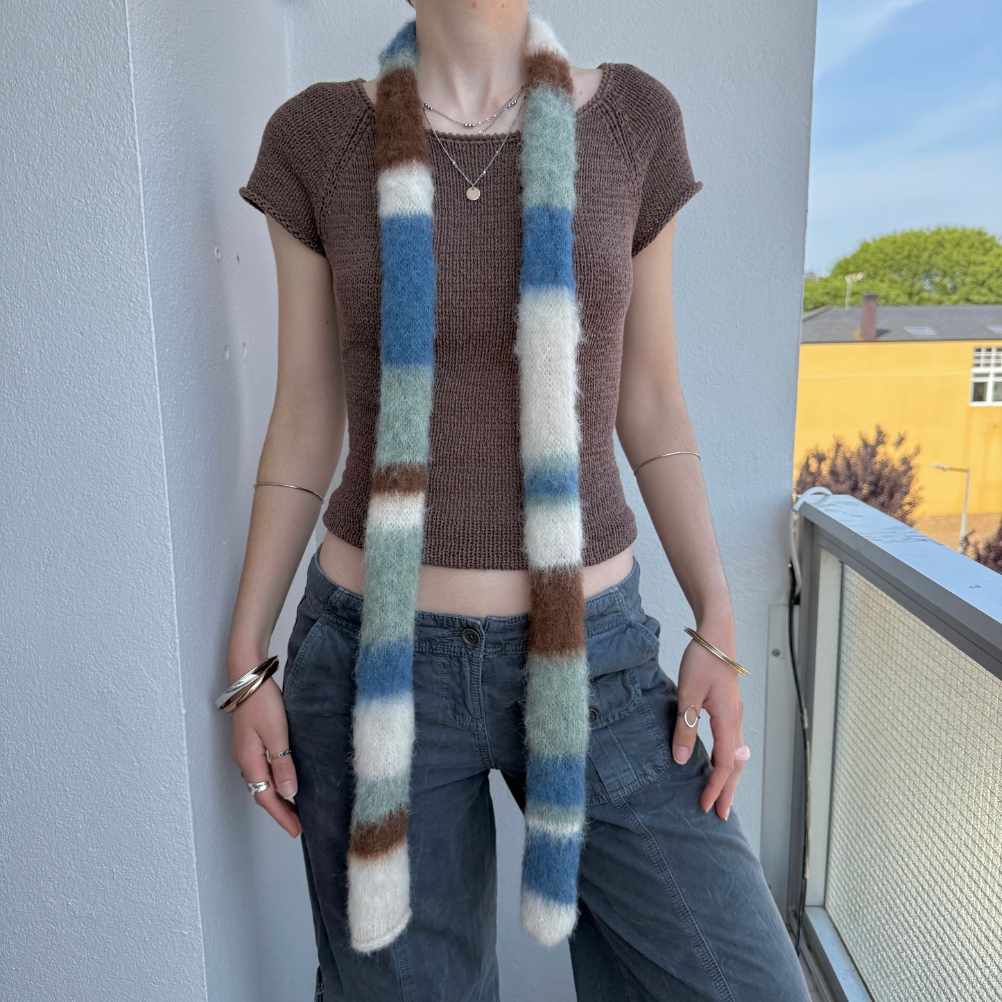 Handmade cream, sage green, brown and denim blue fluffy striped skinny scarf 🌿