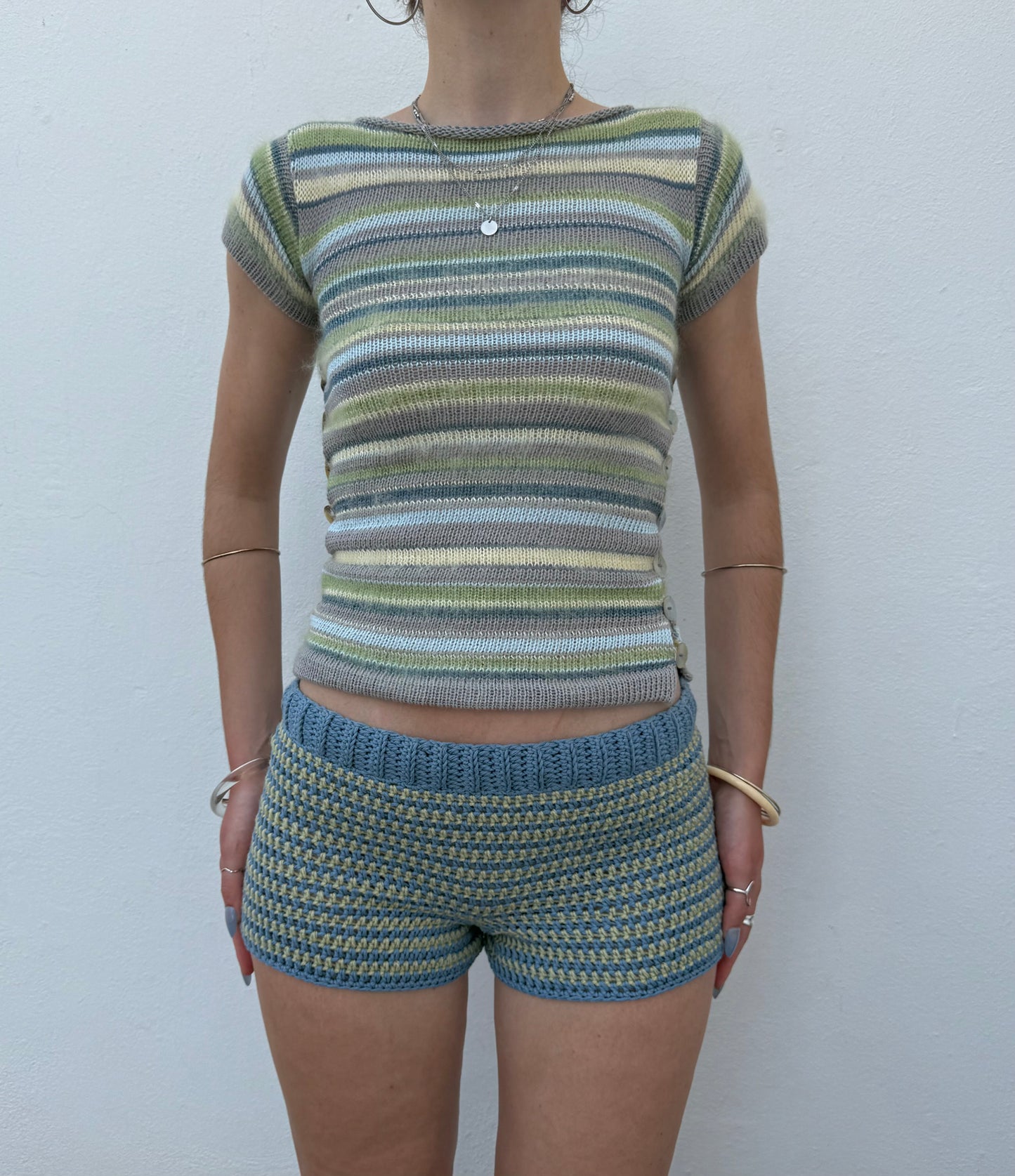 Handmade denim blue and green striped cotton crochet shorts (pre made in size S)