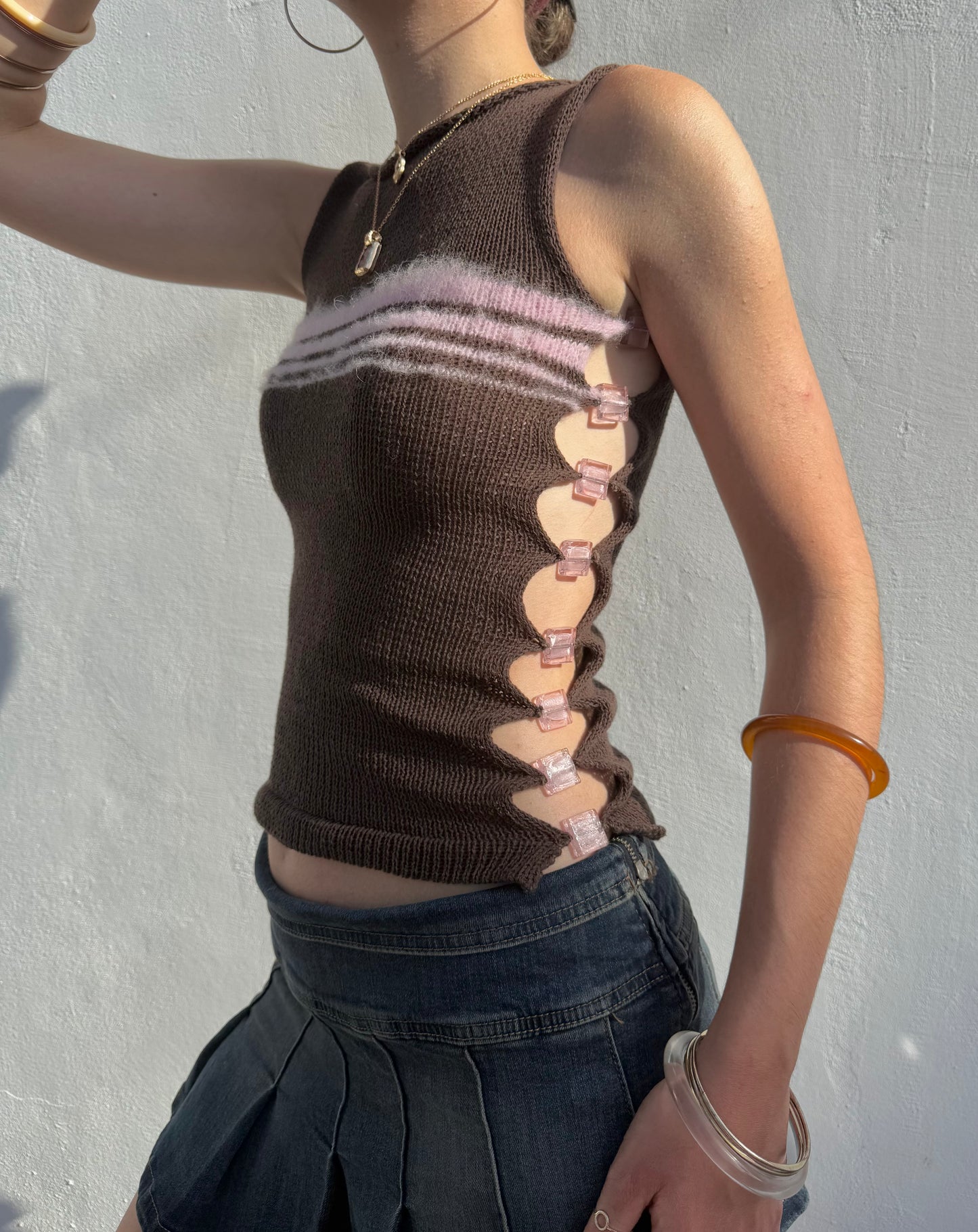 Chocolate Blush Bead Vest (pre made in size S) 🤎🌸