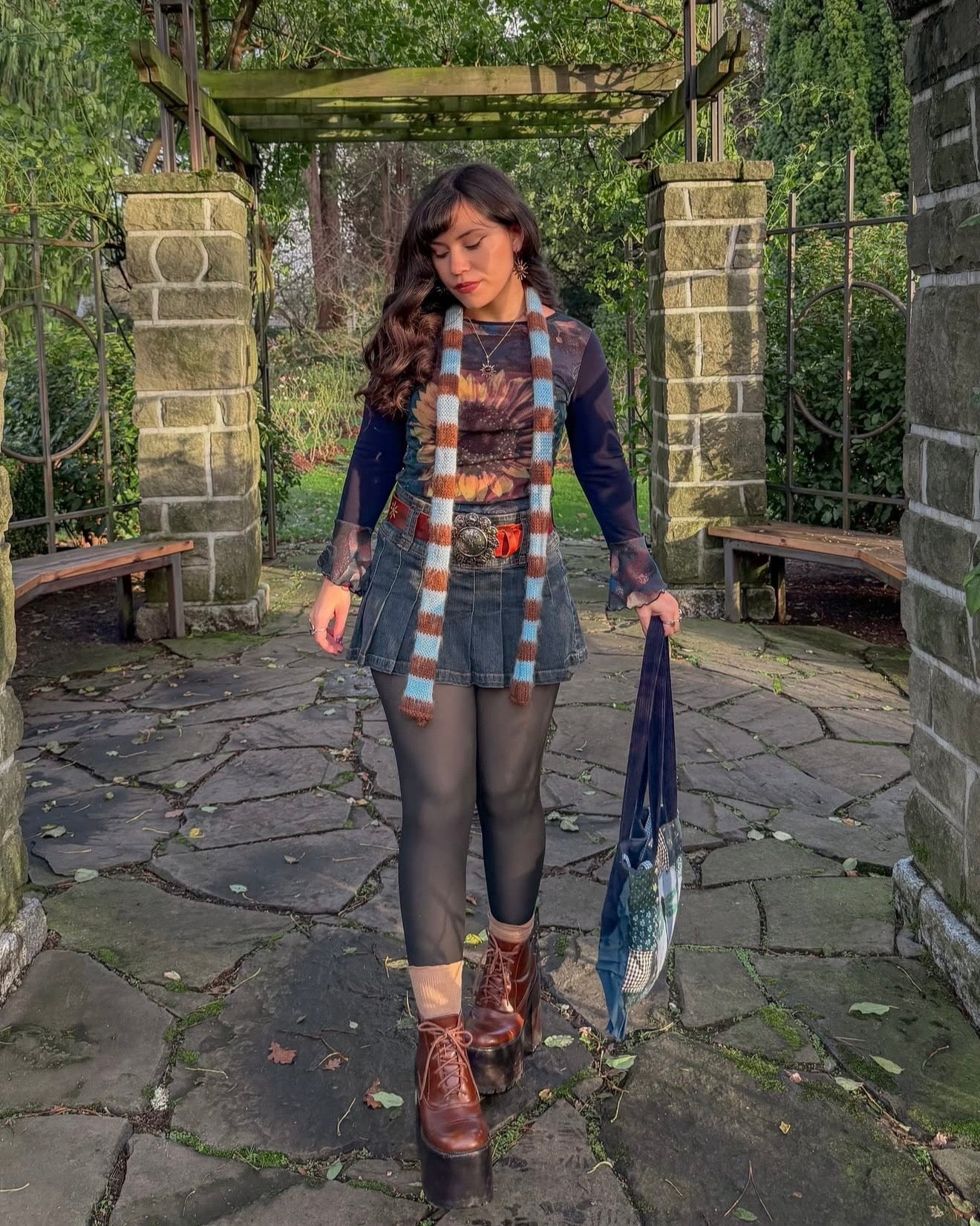 Handmade knitted brown and baby blue mohair striped skinny scarf