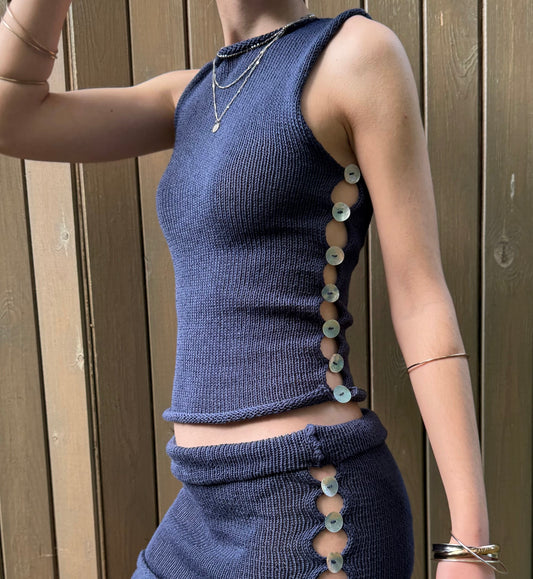 The Pearl Vest in navy blue - handmade knitted vest with mother of pearl buttons