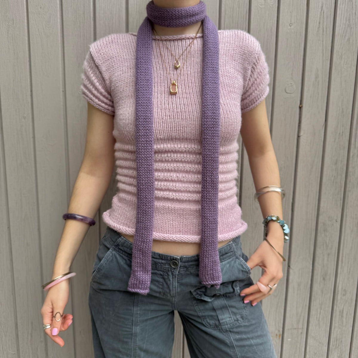 Handmade knitted skinny scarf in dusky purple