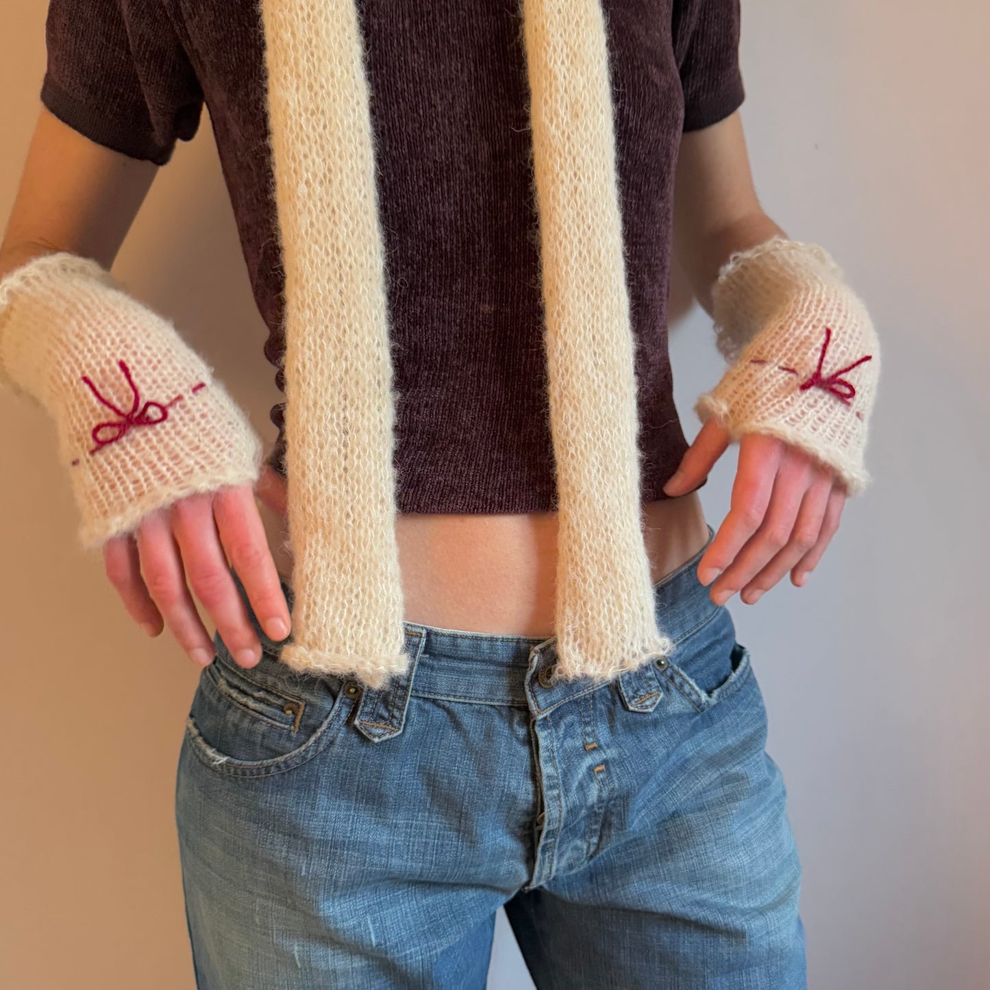 Handmade knitted mohair bow gloves in cream & red - with thumb hole