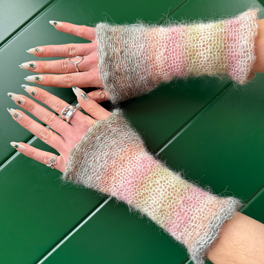 Handmade knitted mohair hand warmers in ombré pastel shades