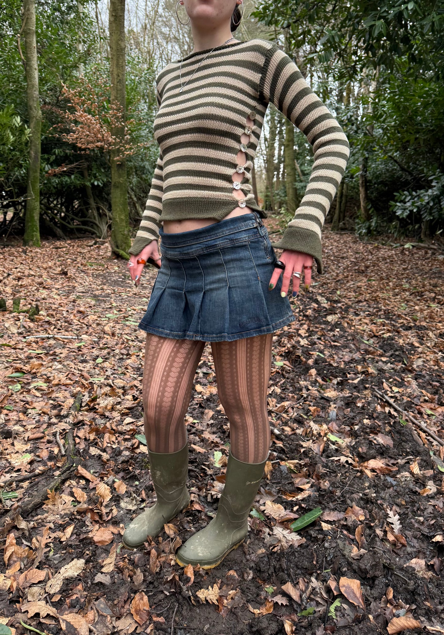 Pearl Long Sleeve in striped khaki & beige - handmade knit jumper with abalone shell buttons