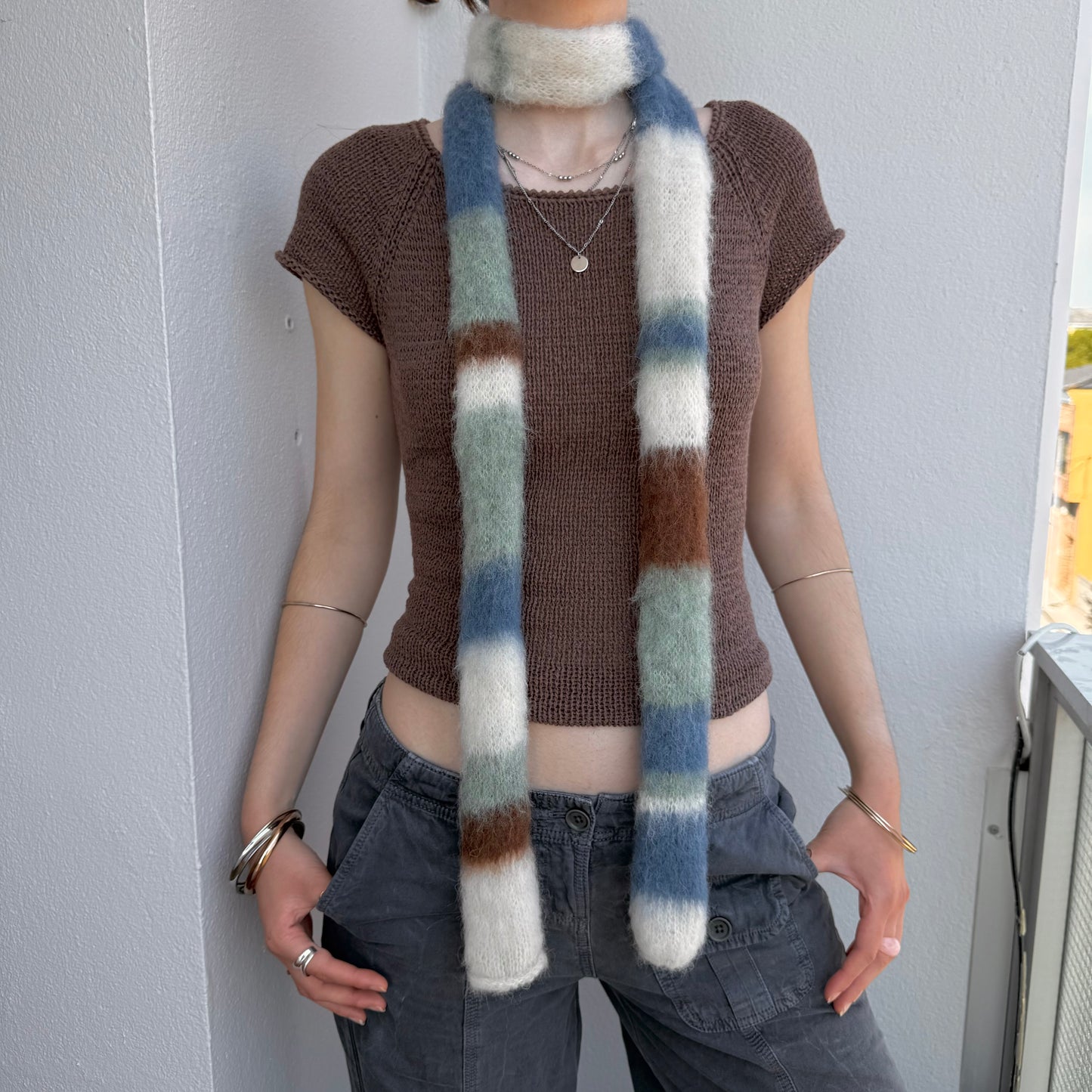 Handmade cream, sage green, brown and denim blue fluffy striped skinny scarf 🌿