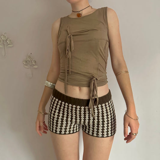 Handmade gingham crochet shorts in brown and beige