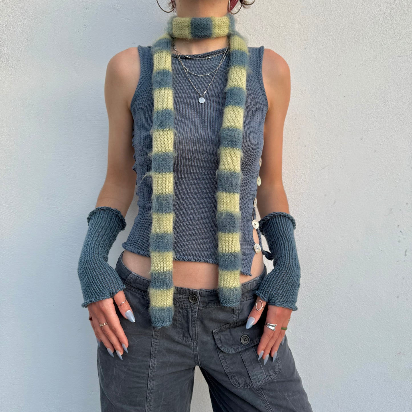Handmade blue and green mohair striped skinny scarf - pre made