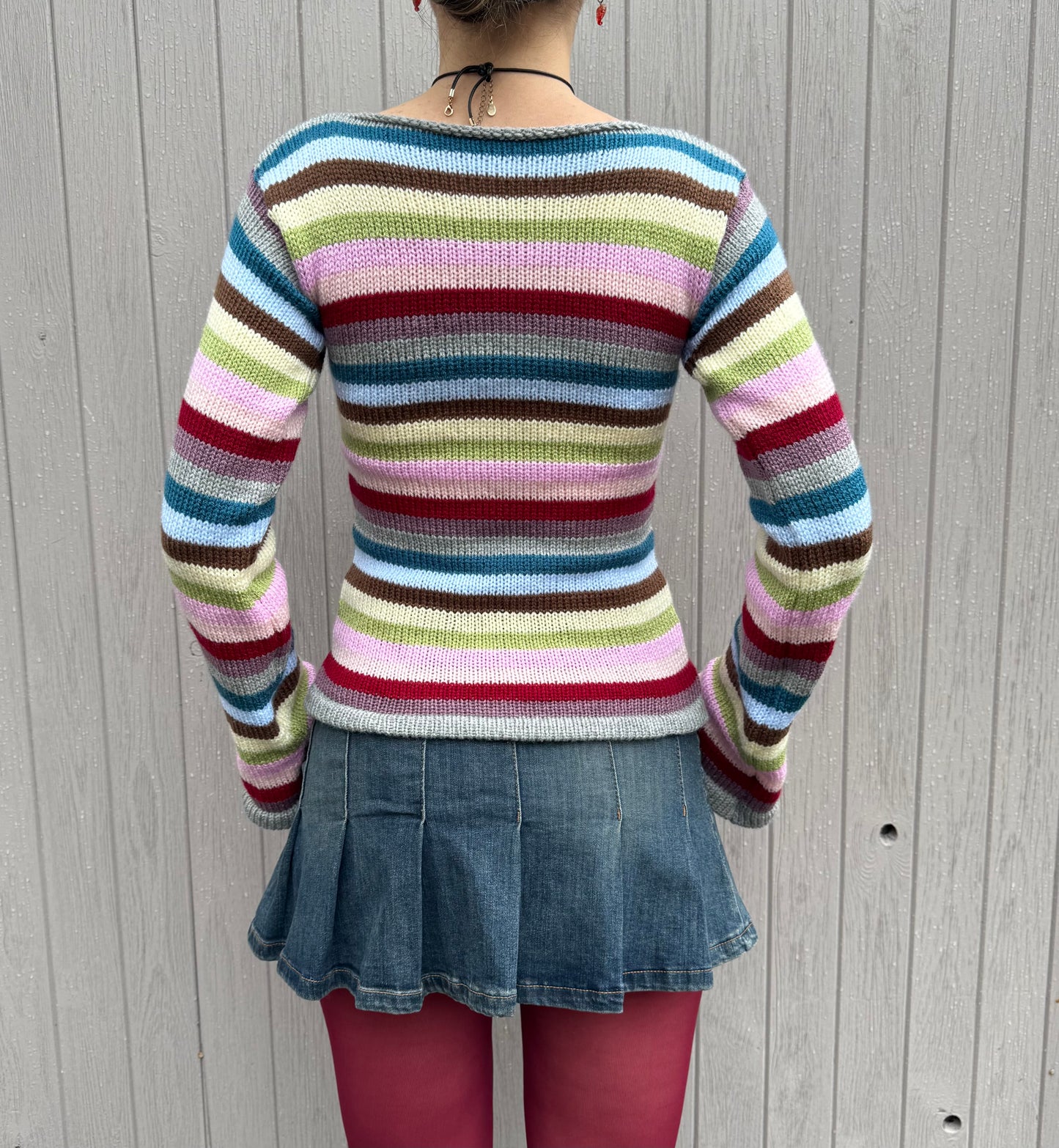 Handmade multicoloured striped knitted jumper with flared sleeves - made to order