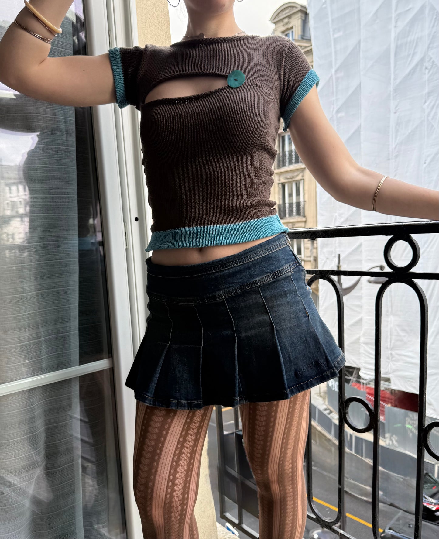 1 of 1 “cute as a button” cotton knitted tee in mocha & teal - pre made in XS
