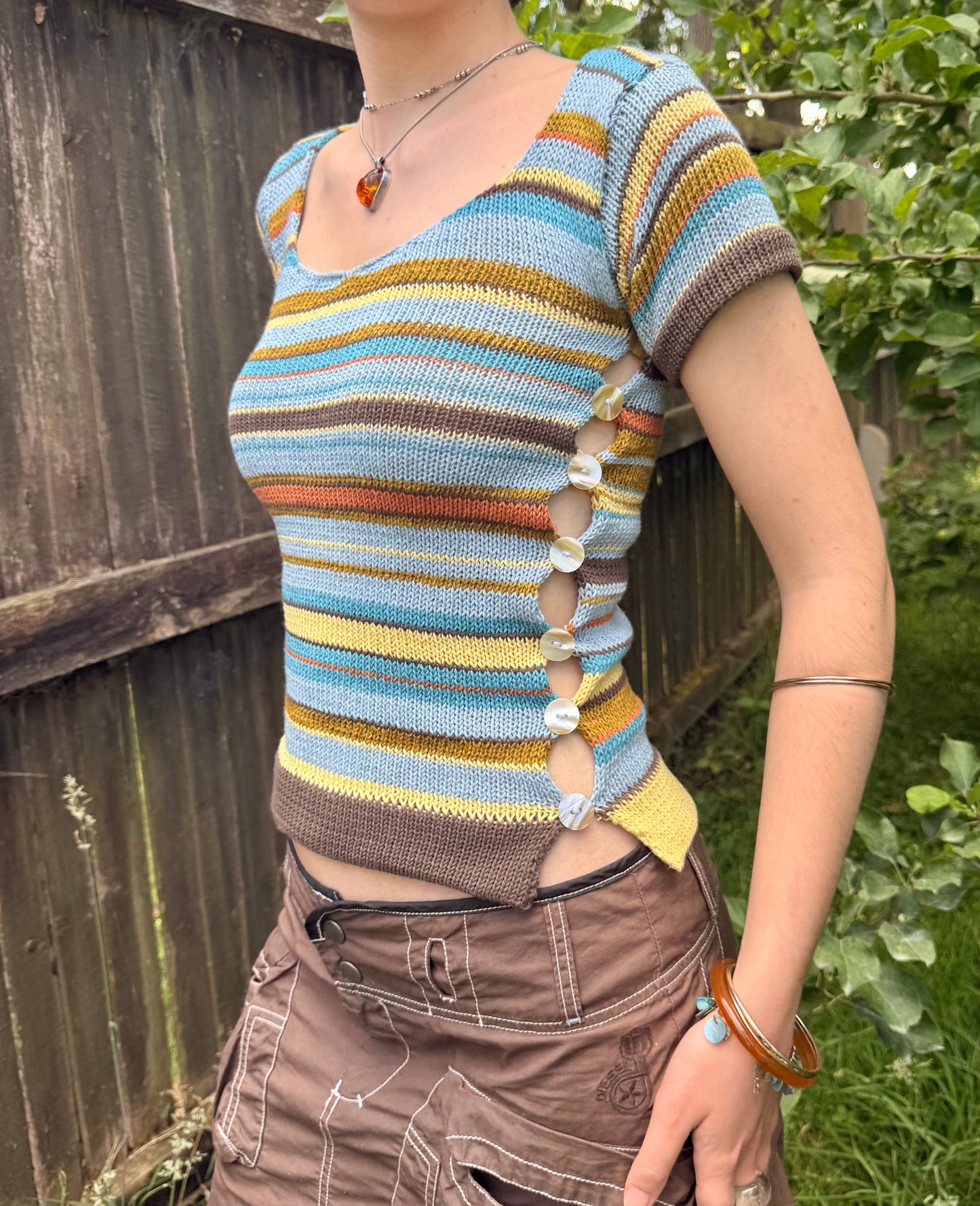 Retro Striped Scoop Neck Pearl Tee (pre made in size S)